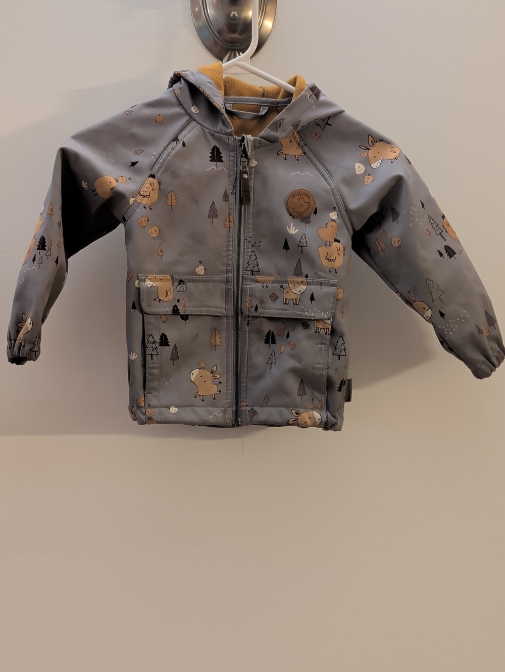 Children's Grey Hooded Raincoat with Tan Animal Print Size 2-3 Years